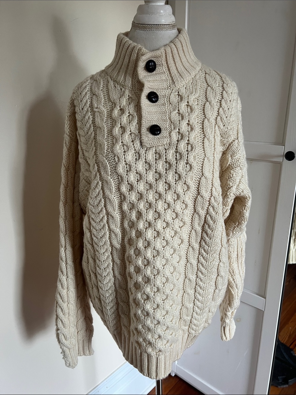 Vintage L.L. Bean 100% Wool Fisherman Cable Knit Sweater Oversized Size L
